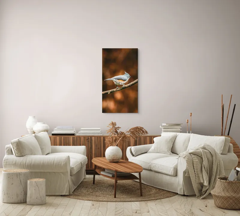 Tablou Canvas, "Pasărea solitară pe creangă ruginită", Pasăre, Creangă, Penaj, Fundal, Toamnă, Contrast, Gingașă, Natură, 50 x 90 cm – poza 7