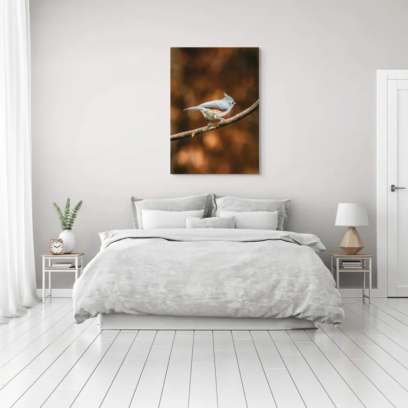 Tablou Canvas, "Pasărea solitară pe creangă ruginită", Pasăre, Creangă, Penaj, Fundal, Toamnă, Contrast, Gingașă, Natură, 70 x 100 cm – poza 3