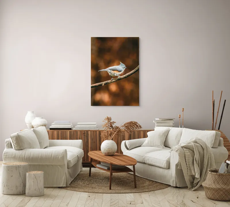 Tablou Canvas, "Pasărea solitară pe creangă ruginită", Pasăre, Creangă, Penaj, Fundal, Toamnă, Contrast, Gingașă, Natură, 70 x 100 cm – poza 4