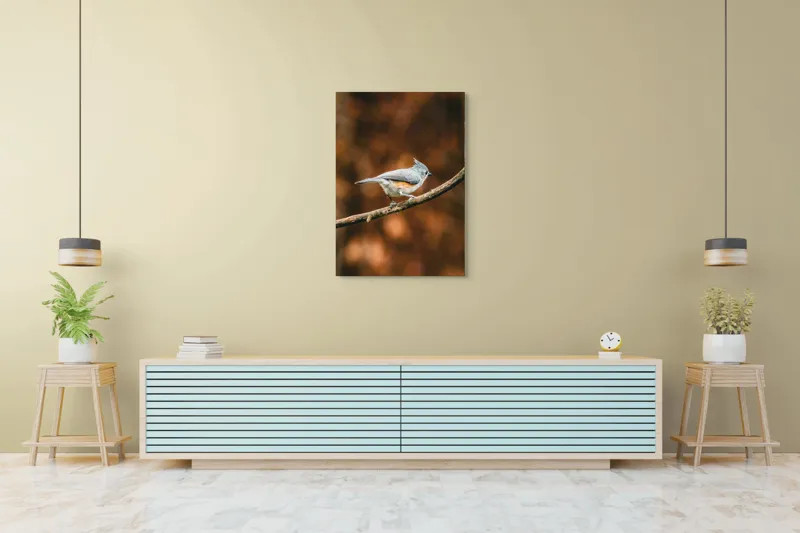 Tablou Canvas, "Pasărea solitară pe creangă ruginită", Pasăre, Creangă, Penaj, Fundal, Toamnă, Contrast, Gingașă, Natură, 70 x 100 cm – poza 5