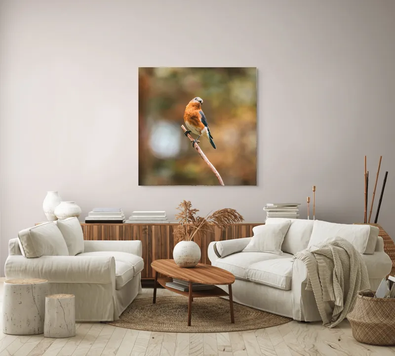Tablou Canvas, "Pasărea contemplativă pe creangă elegantă", Pasăre, Ramură, Natură, Penaj, Contemplare, Serenitate, Frumusețe, Echilibru, 100 x 100 cm – poza 3