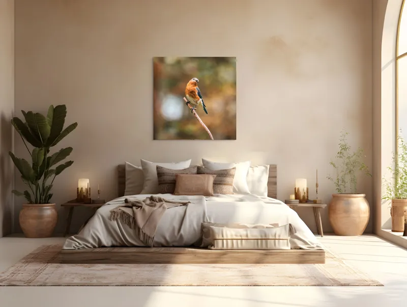 Tablou Canvas, "Pasărea contemplativă pe creangă elegantă", Pasăre, Ramură, Natură, Penaj, Contemplare, Serenitate, Frumusețe, Echilibru, 100 x 100 cm – poza 4