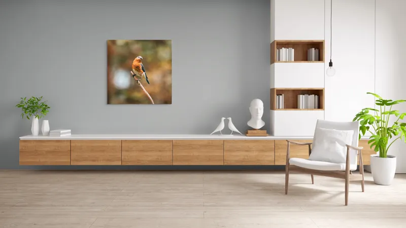 Tablou Canvas, "Pasărea contemplativă pe creangă elegantă", Pasăre, Ramură, Natură, Penaj, Contemplare, Serenitate, Frumusețe, Echilibru, 100 x 100 cm – poza 8