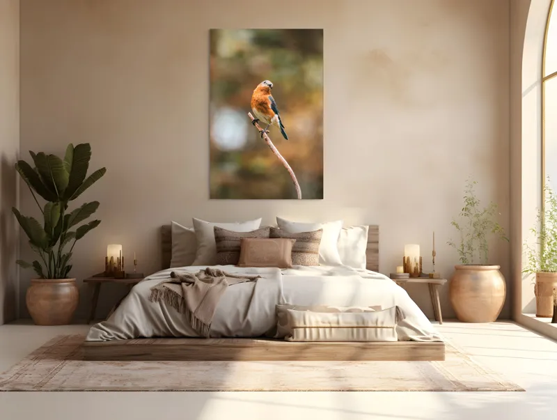 Tablou Canvas, "Pasărea contemplativă pe creangă elegantă", Pasăre, Ramură, Natură, Penaj, Contemplare, Serenitate, Frumusețe, Echilibru, 100 x 150 cm – poza 3
