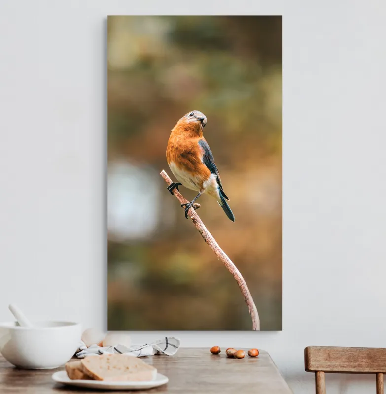 Tablou Canvas, "Pasărea contemplativă pe creangă elegantă", Pasăre, Ramură, Natură, Penaj, Contemplare, Serenitate, Frumusețe, Echilibru, 50 x 90 cm – poza 3