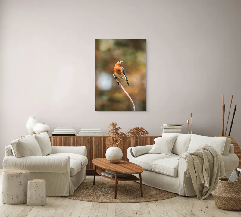 Tablou Canvas, "Pasărea contemplativă pe creangă elegantă", Pasăre, Ramură, Natură, Penaj, Contemplare, Serenitate, Frumusețe, Echilibru, 70 x 100 cm – poza 4