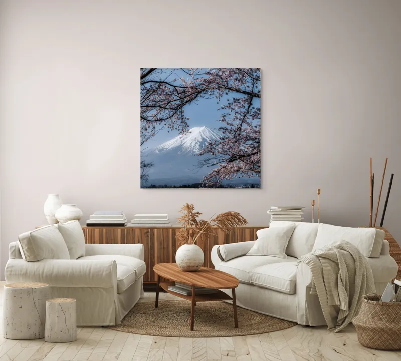 Tablou Canvas, "Muntele Fuji primăvara înflorită", Mont, Cireși, Cer, Apa, Barcă, Scoarță, Zăpadă, Primăvară, Peisaj, Natură, 100 x 100 cm – poza 3