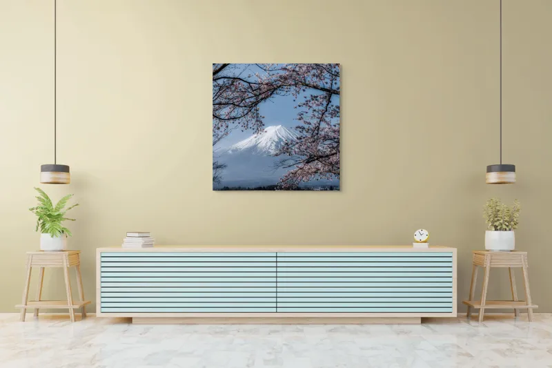 Tablou Canvas, "Muntele Fuji primăvara înflorită", Mont, Cireși, Cer, Apa, Barcă, Scoarță, Zăpadă, Primăvară, Peisaj, Natură, 100 x 100 cm – poza 5