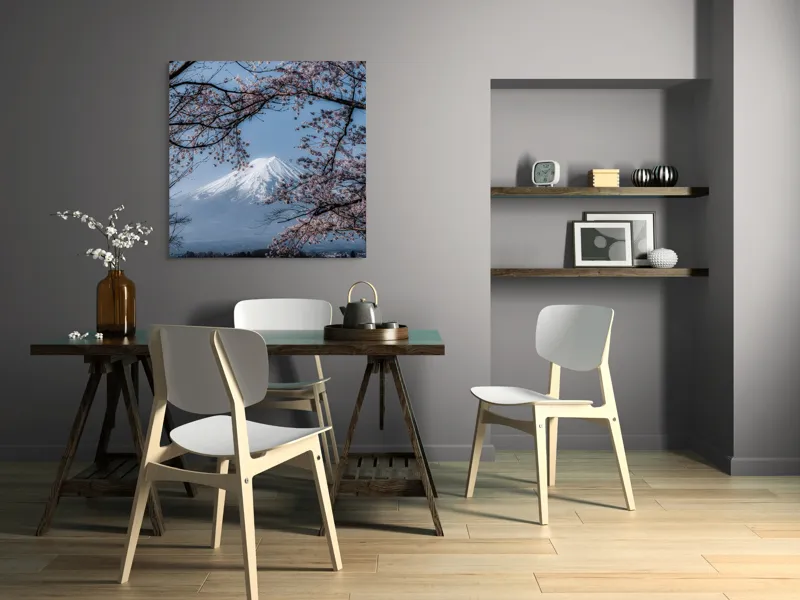 Tablou Canvas, "Muntele Fuji primăvara înflorită", Mont, Cireși, Cer, Apa, Barcă, Scoarță, Zăpadă, Primăvară, Peisaj, Natură, 100 x 100 cm – poza 6