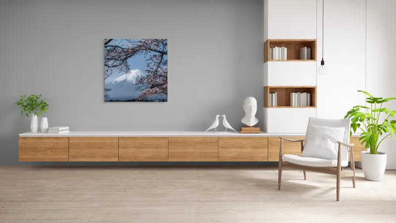 Tablou Canvas, "Muntele Fuji primăvara înflorită", Mont, Cireși, Cer, Apa, Barcă, Scoarță, Zăpadă, Primăvară, Peisaj, Natură, 100 x 100 cm – poza 8
