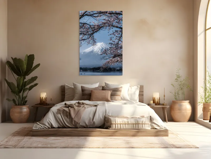 Tablou Canvas, "Muntele Fuji primăvara înflorită", Mont, Cireși, Cer, Apa, Barcă, Scoarță, Zăpadă, Primăvară, Peisaj, Natură, 100 x 150 cm – poza 3