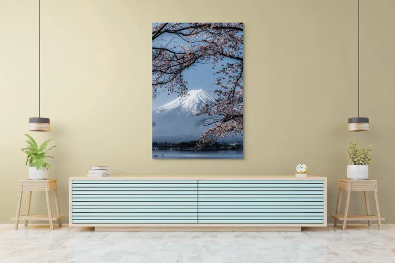 Tablou Canvas, "Muntele Fuji primăvara înflorită", Mont, Cireși, Cer, Apa, Barcă, Scoarță, Zăpadă, Primăvară, Peisaj, Natură, 100 x 150 cm – poza 4