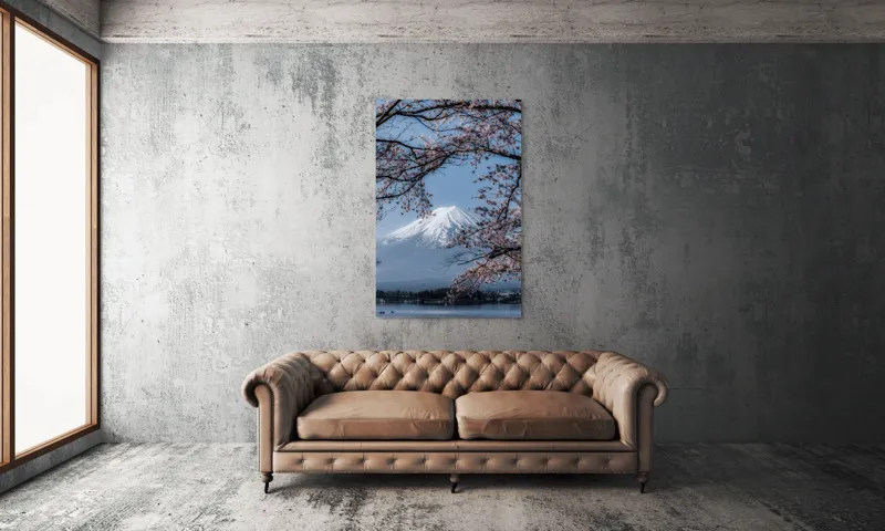 Tablou Canvas, "Muntele Fuji primăvara înflorită", Mont, Cireși, Cer, Apa, Barcă, Scoarță, Zăpadă, Primăvară, Peisaj, Natură, 100 x 150 cm – poza 6