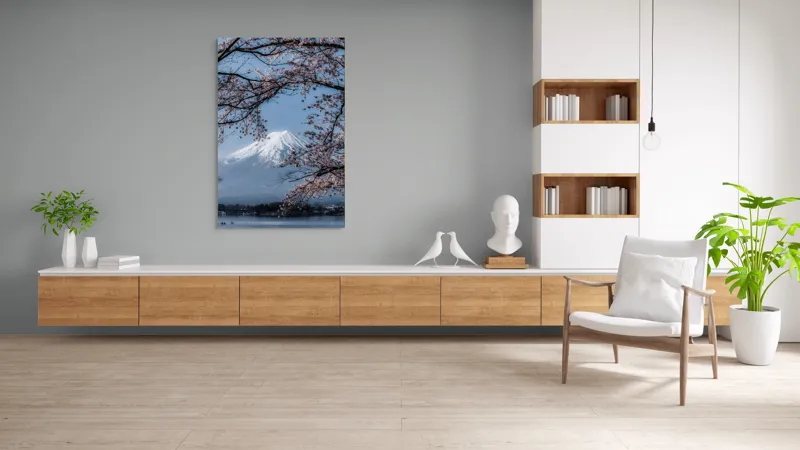 Tablou Canvas, "Muntele Fuji primăvara înflorită", Mont, Cireși, Cer, Apa, Barcă, Scoarță, Zăpadă, Primăvară, Peisaj, Natură, 100 x 150 cm – poza 8