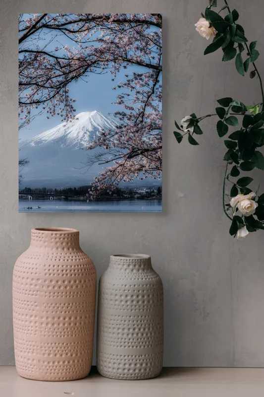 Tablou Canvas, "Muntele Fuji primăvara înflorită", Mont, Cireși, Cer, Apa, Barcă, Scoarță, Zăpadă, Primăvară, Peisaj, Natură, 39 x 54 cm – poza 6