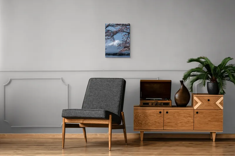 Tablou Canvas, "Muntele Fuji primăvara înflorită", Mont, Cireși, Cer, Apa, Barcă, Scoarță, Zăpadă, Primăvară, Peisaj, Natură, 39 x 54 cm – poza 8