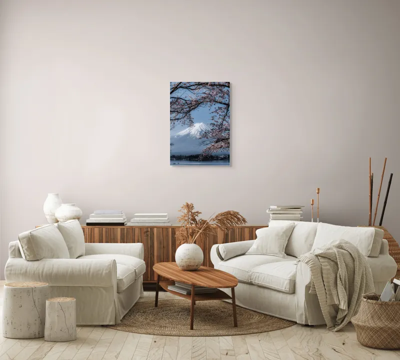 Tablou Canvas, "Muntele Fuji primăvara înflorită", Mont, Cireși, Cer, Apa, Barcă, Scoarță, Zăpadă, Primăvară, Peisaj, Natură, 50 x 70 cm – poza 4