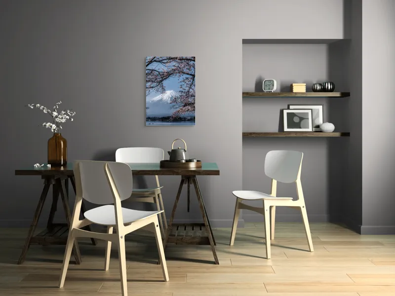 Tablou Canvas, "Muntele Fuji primăvara înflorită", Mont, Cireși, Cer, Apa, Barcă, Scoarță, Zăpadă, Primăvară, Peisaj, Natură, 50 x 70 cm – poza 5