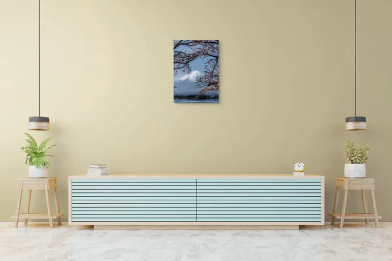 Tablou Canvas, "Muntele Fuji primăvara înflorită", Mont, Cireși, Cer, Apa, Barcă, Scoarță, Zăpadă, Primăvară, Peisaj, Natură, 50 x 70 cm – poza 6