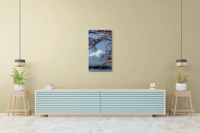 Tablou Canvas, "Muntele Fuji primăvara înflorită", Mont, Cireși, Cer, Apa, Barcă, Scoarță, Zăpadă, Primăvară, Peisaj, Natură, 50 x 90 cm – poza 6