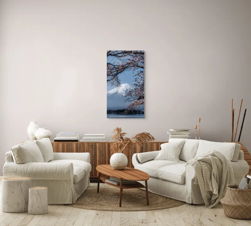 Tablou Canvas, "Muntele Fuji primăvara înflorită", Mont, Cireși, Cer, Apa, Barcă, Scoarță, Zăpadă, Primăvară, Peisaj, Natură, 50 x 90 cm – poza 7