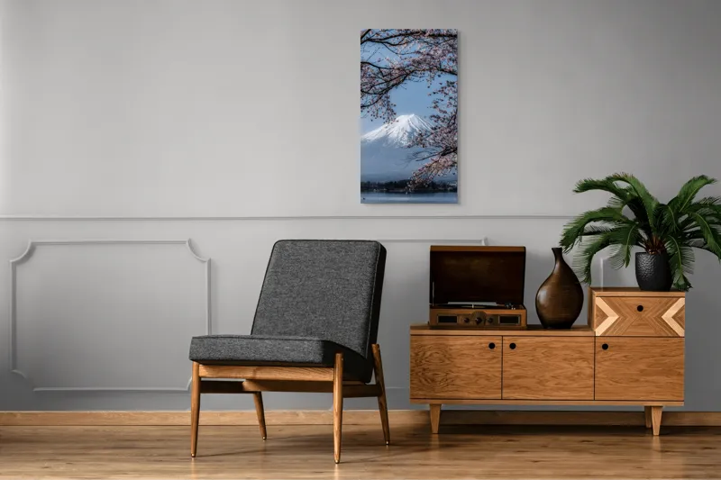 Tablou Canvas, "Muntele Fuji primăvara înflorită", Mont, Cireși, Cer, Apa, Barcă, Scoarță, Zăpadă, Primăvară, Peisaj, Natură, 50 x 90 cm – poza 8