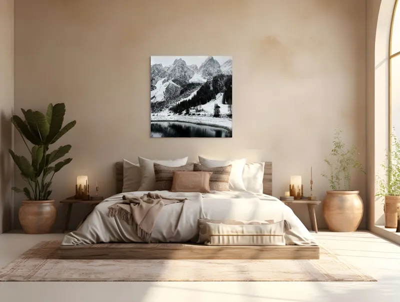 Tablou Canvas, "Peisaj de iarnă la munte", Munte, Zăpadă, Pădure, Lac, Cer, Refugiu, Calm, Natură, Linie, Contrast, 100 x 100 cm – poza 4