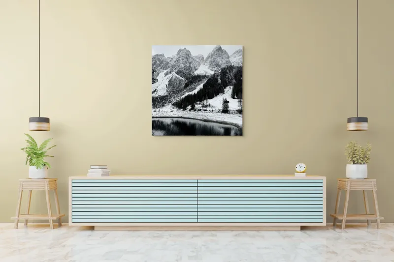 Tablou Canvas, "Peisaj de iarnă la munte", Munte, Zăpadă, Pădure, Lac, Cer, Refugiu, Calm, Natură, Linie, Contrast, 100 x 100 cm – poza 5