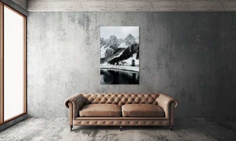 Tablou Canvas, "Peisaj de iarnă la munte", Munte, Zăpadă, Pădure, Lac, Cer, Refugiu, Calm, Natură, Linie, Contrast, 100 x 150 cm – poza 6