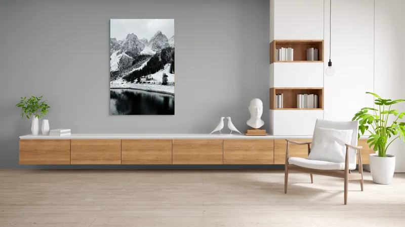 Tablou Canvas, "Peisaj de iarnă la munte", Munte, Zăpadă, Pădure, Lac, Cer, Refugiu, Calm, Natură, Linie, Contrast, 100 x 150 cm – poza 8
