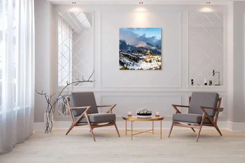 Tablou Canvas, "Norii ascund munții înzăpeziți", Munți, Ceață, Zăpadă, Cer, Peisaj, Pădure, Roci, Apus, 100 x 100 cm – poza 7