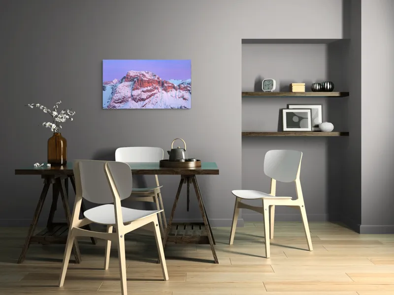 Tablou Canvas, "Răsfăț albastru pe crestele munților", Munte, Zăpadă, Apus, Cer, Roz, Stânci, Peisaj, Liniște, Frumusețe, Natură, 90 x 50 cm – poza 3