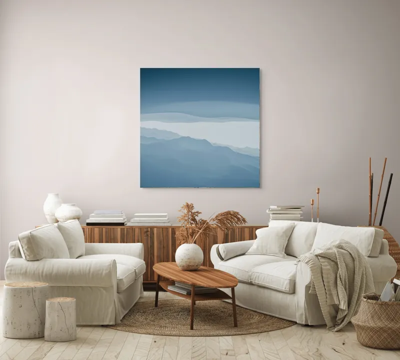 Tablou Canvas, "Pădure de ceață albastră liniștită", Albastru, Linii, Valuri, Așternut, Eteric, Abstracție, Calm, Infinit, Subtilitate, Răceală, 100 x 100 cm – poza 3