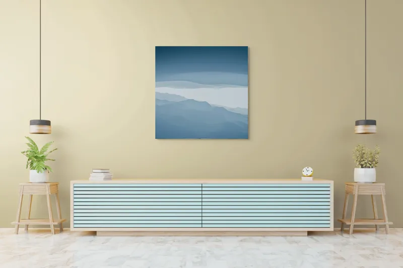 Tablou Canvas, "Pădure de ceață albastră liniștită", Albastru, Linii, Valuri, Așternut, Eteric, Abstracție, Calm, Infinit, Subtilitate, Răceală, 100 x 100 cm – poza 5