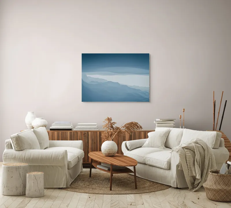 Tablou Canvas, "Pădure de ceață albastră liniștită", Albastru, Linii, Valuri, Așternut, Eteric, Abstracție, Calm, Infinit, Subtilitate, Răceală, 100 x 70 cm – poza 3