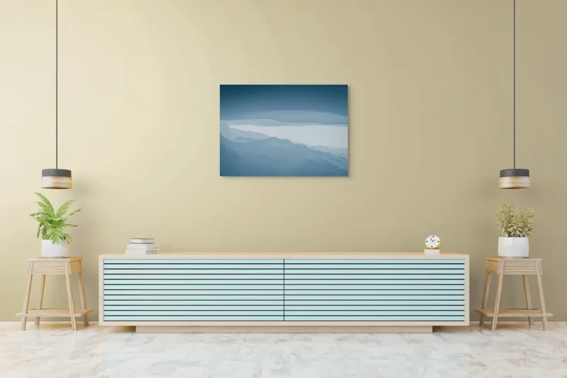 Tablou Canvas, "Pădure de ceață albastră liniștită", Albastru, Linii, Valuri, Așternut, Eteric, Abstracție, Calm, Infinit, Subtilitate, Răceală, 100 x 70 cm – poza 4
