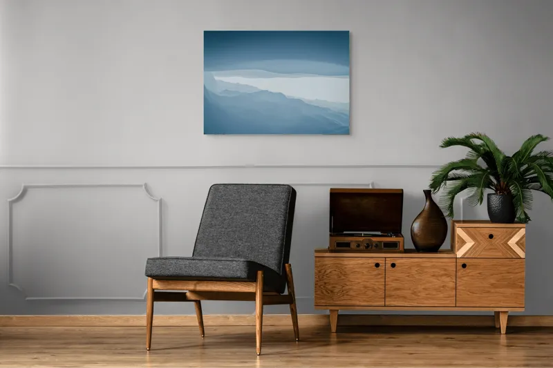 Tablou Canvas, "Pădure de ceață albastră liniștită", Albastru, Linii, Valuri, Așternut, Eteric, Abstracție, Calm, Infinit, Subtilitate, Răceală, 100 x 70 cm – poza 8