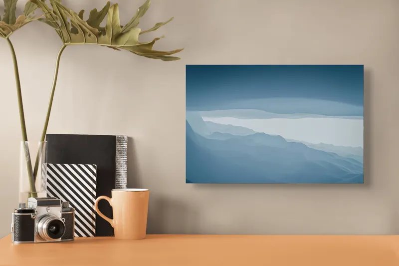 Tablou Canvas, "Pădure de ceață albastră liniștită", Albastru, Linii, Valuri, Așternut, Eteric, Abstracție, Calm, Infinit, Subtilitate, Răceală, 39 x 26 cm – poza 3