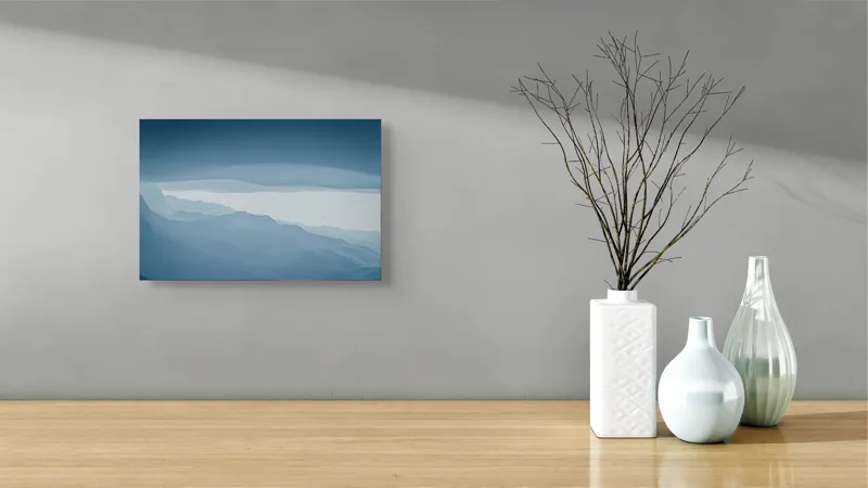 Tablou Canvas, "Pădure de ceață albastră liniștită", Albastru, Linii, Valuri, Așternut, Eteric, Abstracție, Calm, Infinit, Subtilitate, Răceală, 39 x 26 cm – poza 8