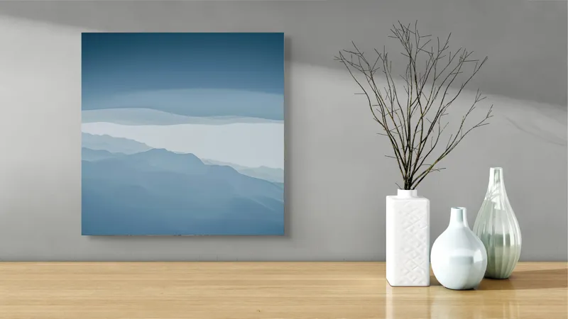 Tablou Canvas, "Pădure de ceață albastră liniștită", Albastru, Linii, Valuri, Așternut, Eteric, Abstracție, Calm, Infinit, Subtilitate, Răceală, 50 x 50 cm – poza 3