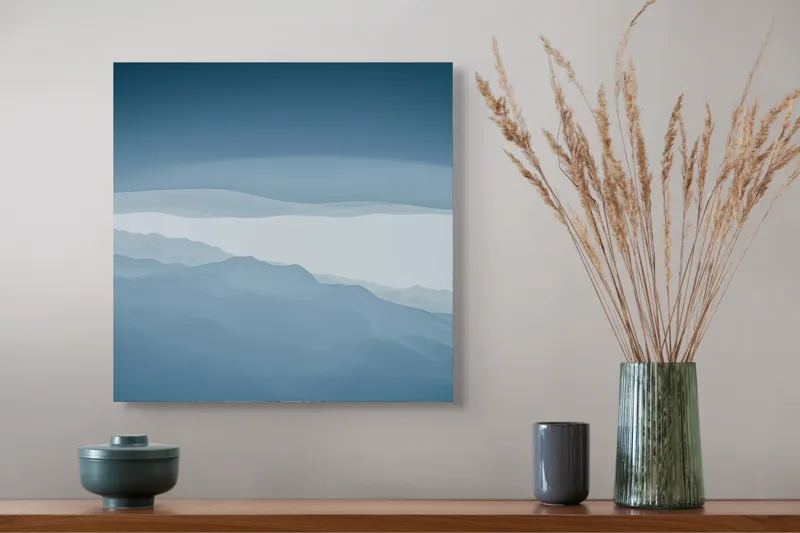 Tablou Canvas, "Pădure de ceață albastră liniștită", Albastru, Linii, Valuri, Așternut, Eteric, Abstracție, Calm, Infinit, Subtilitate, Răceală, 50 x 50 cm – poza 4