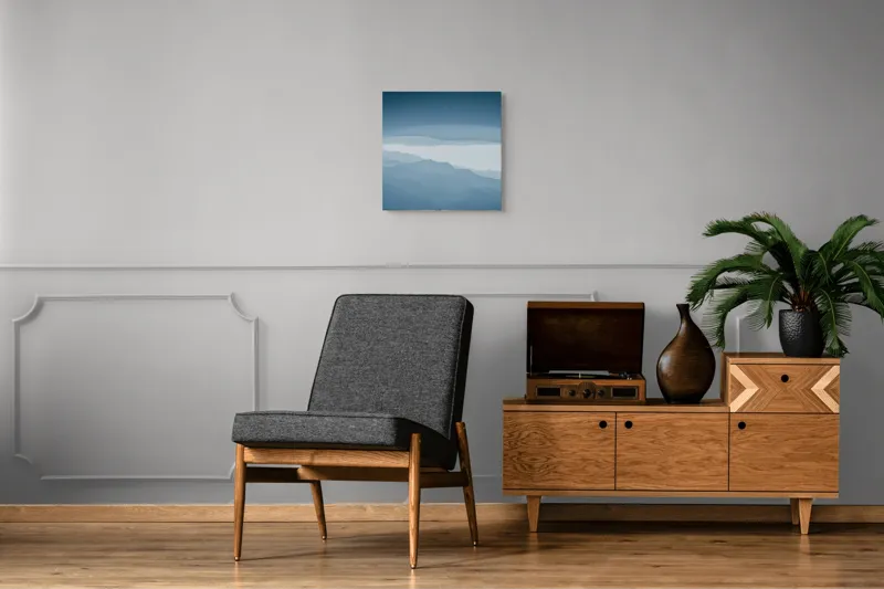 Tablou Canvas, "Pădure de ceață albastră liniștită", Albastru, Linii, Valuri, Așternut, Eteric, Abstracție, Calm, Infinit, Subtilitate, Răceală, 50 x 50 cm – poza 6