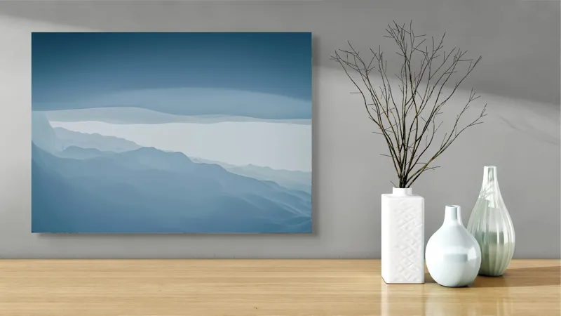 Tablou Canvas, "Pădure de ceață albastră liniștită", Albastru, Linii, Valuri, Așternut, Eteric, Abstracție, Calm, Infinit, Subtilitate, Răceală, 70 x 50 cm – poza 3