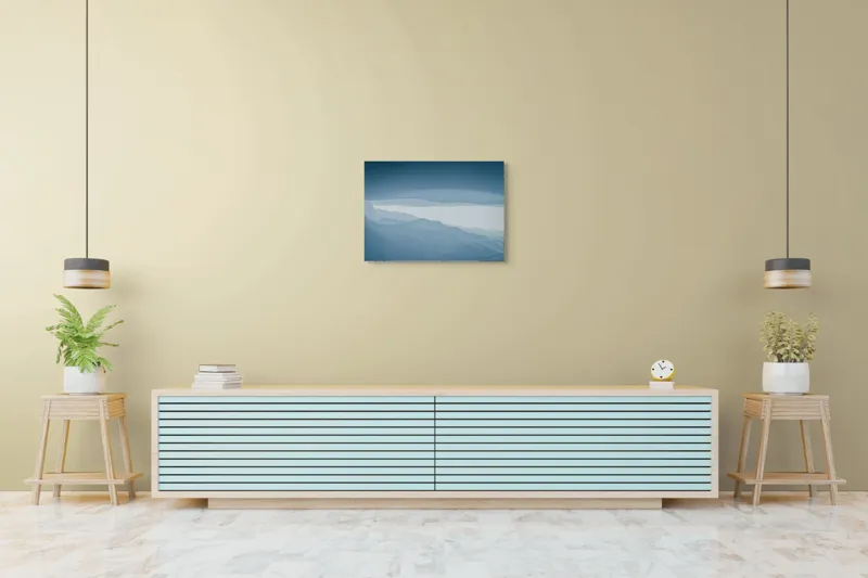 Tablou Canvas, "Pădure de ceață albastră liniștită", Albastru, Linii, Valuri, Așternut, Eteric, Abstracție, Calm, Infinit, Subtilitate, Răceală, 70 x 50 cm – poza 7