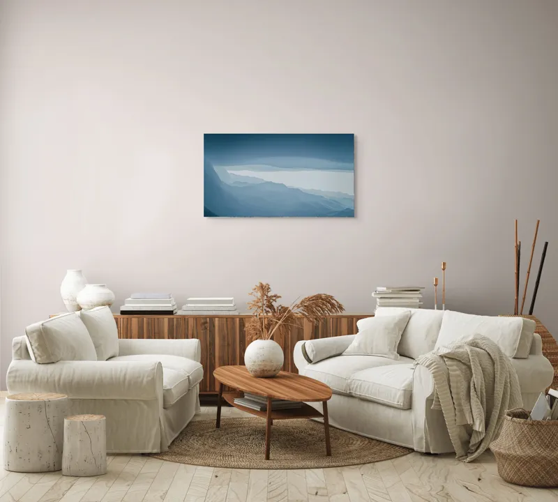 Tablou Canvas, "Pădure de ceață albastră liniștită", Albastru, Linii, Valuri, Așternut, Eteric, Abstracție, Calm, Infinit, Subtilitate, Răceală, 90 x 50 cm – poza 4