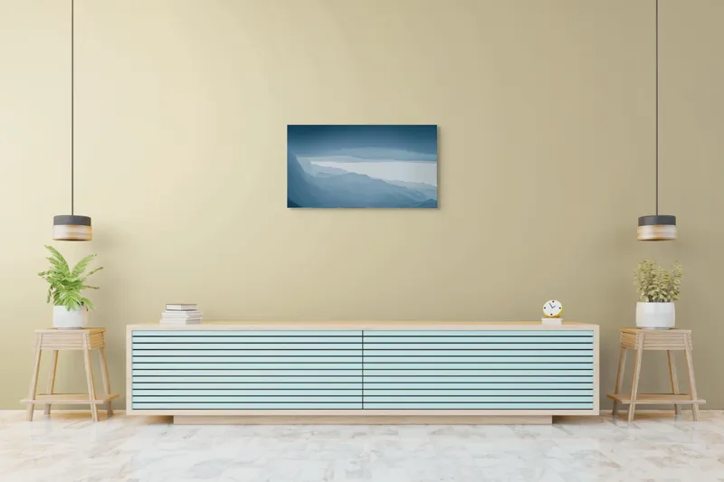 Tablou Canvas, "Pădure de ceață albastră liniștită", Albastru, Linii, Valuri, Așternut, Eteric, Abstracție, Calm, Infinit, Subtilitate, Răceală, 90 x 50 cm – poza 5