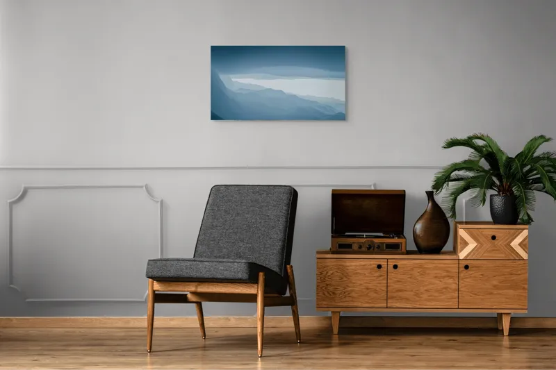 Tablou Canvas, "Pădure de ceață albastră liniștită", Albastru, Linii, Valuri, Așternut, Eteric, Abstracție, Calm, Infinit, Subtilitate, Răceală, 90 x 50 cm – poza 6