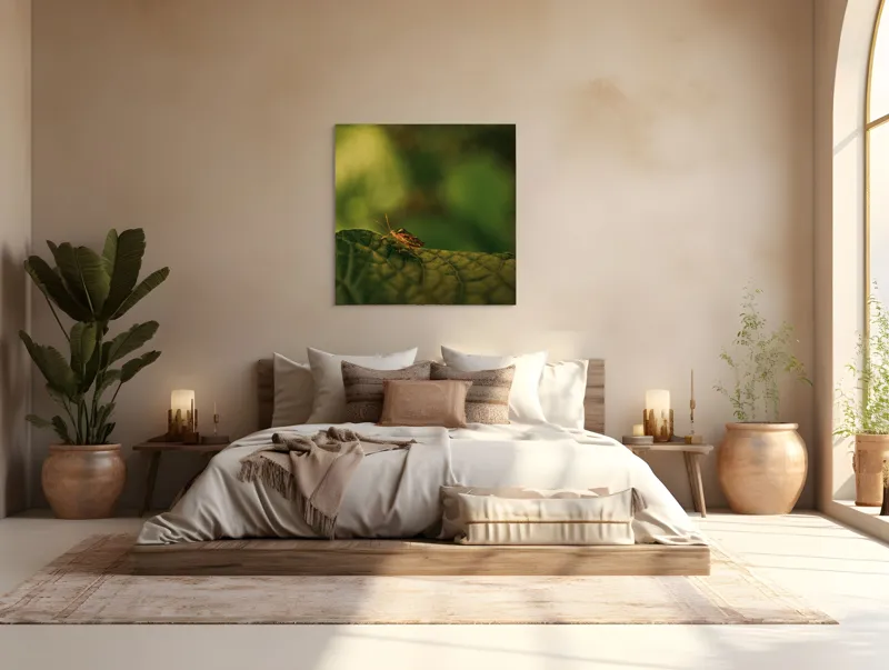 Tablou Canvas, "Insectă pe frunză verde și rugoasă", Insectă, Frunză, Verde, Textură, Natură, Lumină, Detaliu, Culoare, Contrast, Tranquilitate, 100 x 100 cm – poza 4