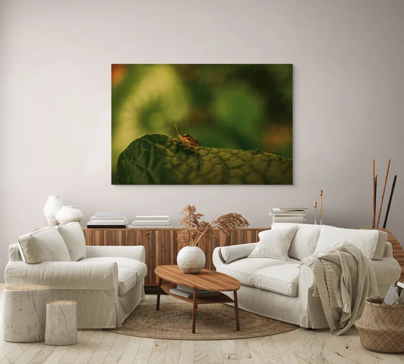 Tablou Canvas, "Insectă pe frunză verde și rugoasă", Insectă, Frunză, Verde, Textură, Natură, Lumină, Detaliu, Culoare, Contrast, Tranquilitate, 150 x 100 cm – poza 3