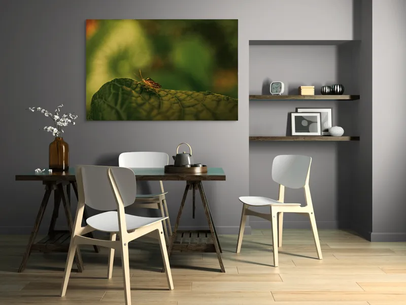 Tablou Canvas, "Insectă pe frunză verde și rugoasă", Insectă, Frunză, Verde, Textură, Natură, Lumină, Detaliu, Culoare, Contrast, Tranquilitate, 150 x 100 cm – poza 5